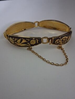 Damascene Gold Tone 4 Panel Bracelet Bird & Flowers with safety chain Vintage